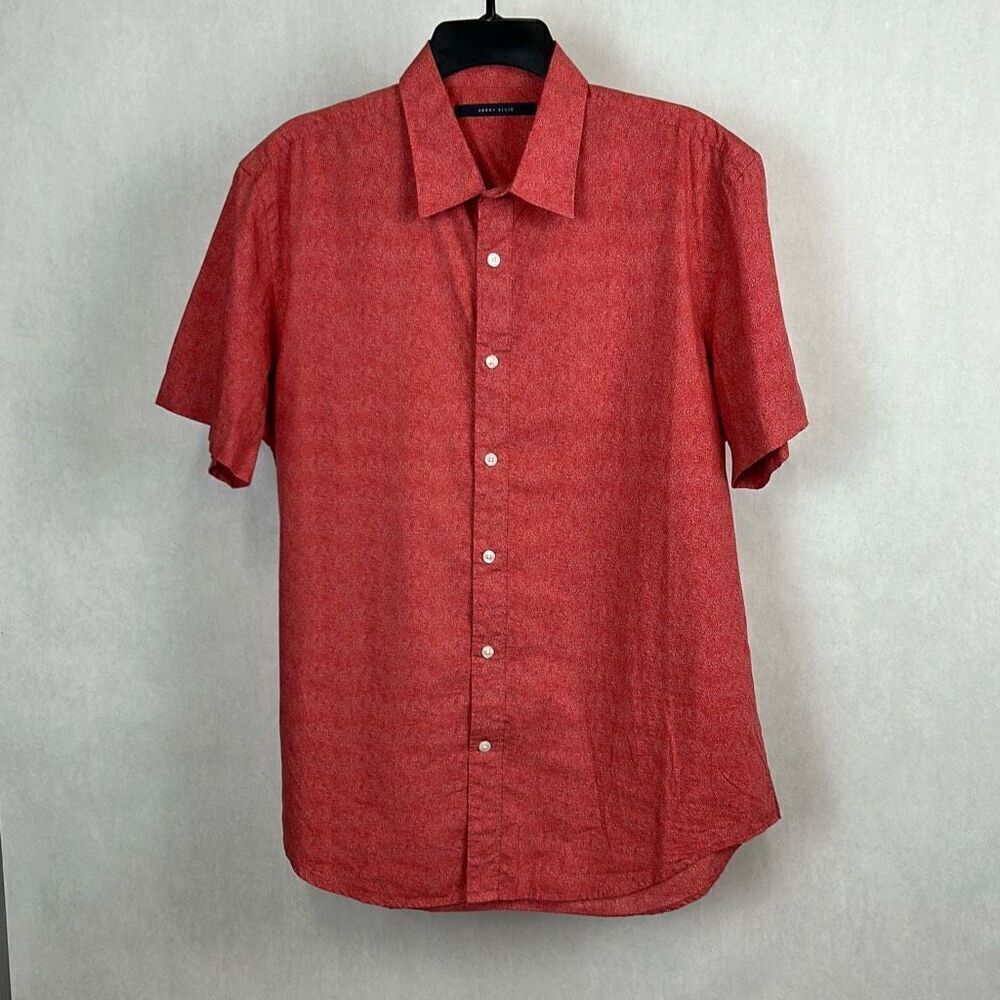 Perry Ellis Mens Button Front Shirt Sz Large Orange-Red w/White Dots Short Sleev